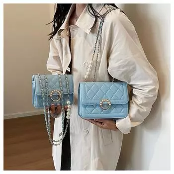 Сумки через плечо для женщин, маленькие квадратные сумки для поездок на природу, сумки для девочек, простые сумки-клатчи с клапаном и цепочкой из жемчуга Big(19x8x15cm)