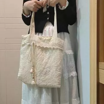 Сумки через плечо Harajuku бежевого цвета из холста женские винтажные кружевные большие вместительные сумки-тоут женские универсальные повседневные сумки