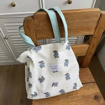 Сумки через плечо Harajuku Blue Canvas с милым принтом медведя для женщин, большая вместительная сумка-тоут для женщин, сумка-кошелек для покупок