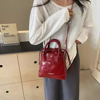 Сумки через плечо из мятой трендовой кожи с ремешком из полиуретана и цепочкой, повседневная универсальная сумка на плечо винно-красного цвета