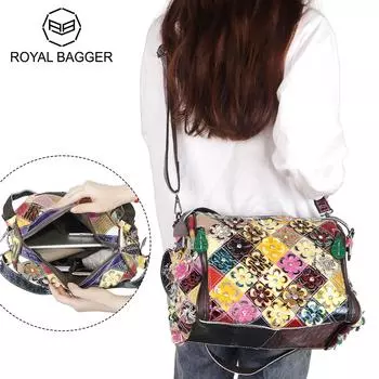 Сумки через плечо Royal Bagger с цветочным принтом, большая вместительная сумка в клетку с цветной строчкой, женская сумка-саквояж из натуральной кожи 1793
