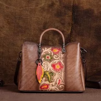 Сумки через плечо с цветочным тиснением для женщин из натуральной кожи, сумки через плечо в винтажном стиле, большие вместительные сумки GZW 29cm*20cm*12cm коричневый