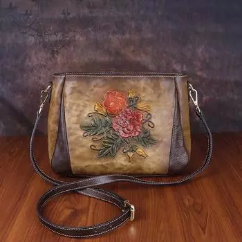 Сумки через плечо с тиснением цветов для женщин из натуральной кожи, сумка через плечо в винтажном стиле, сумка для телефона, кошелек GZW 28cm*20cm*11.5cm