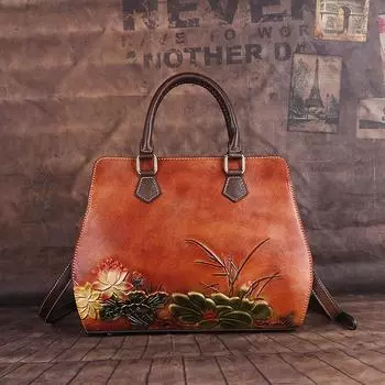 Сумки через плечо с тиснением лотоса для женщин, винтажные дизайнерские сумки из натуральной кожи, сумка через плечо, кошелек 29.5cm*25cm*13cm чёрный