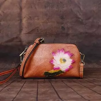 Сумки через плечо с тиснением лотоса, натуральная кожаная сумка через плечо, винтажный дизайн, кошелек на молнии для женщин, женские сумки для телефона 21cm*12cm*5.5cm коричневый