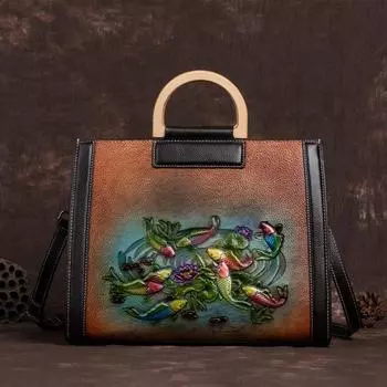 Сумки через плечо с тиснением в виде рыб для женщин из натуральной кожи, винтажный дизайн, сумка через плечо, кошелек 33cm*26cm*14cm красный