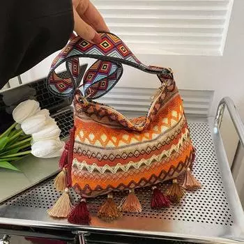 Сумки через плечо в этническом стиле с кисточками, плетеная сумка, сумка через плечо в богемном стиле, сумка через плечо с бахромой, сумка на плечо для активного отдыха кофейный