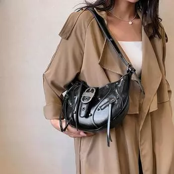 Сумки через плечо в байкерском стиле с заклепками Y2K, однотонные, сумка-хобо через плечо, роскошные дизайнерские кошельки и сумки женские 30x20x7cm чёрный