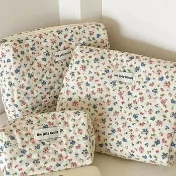 Сумки для хранения косметики, женская симпатичная вельветовая косметичка с цветочной вышивкой для ухода за кожей, помады, аксессуаров