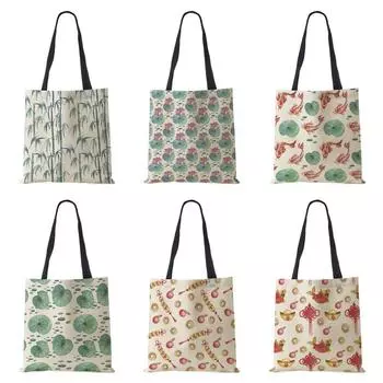 Сумки для покупок с листьями лотоса и бамбуковым принтом, женские складные многоразовые сумки на плечо с пейзажами, холщовые повседневные сумки для продуктов 2022