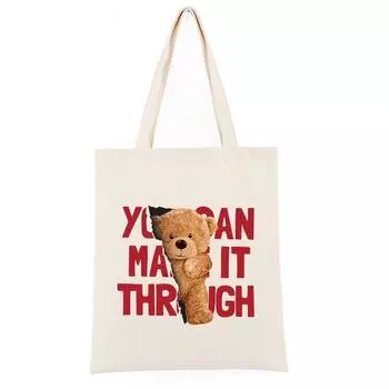 Сумки для женщин, холщовая сумка-тоут с мультяшным медведем, женская винтажная розовая сумка на плечо для девочек, большие Bolsos 24*26cm бежевый