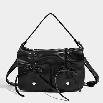 Сумки для женщин. Роскошные дизайнерские сумки и кошельки. Новинка 2024 года из потертой искусственной кожи с заклепками и бантом. Плиссированная сумка на плечо под мышками. чёрный