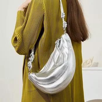 Сумки-хобо из натуральной кожи через плечо для женщин, трендовые дизайнерские женские сумки в форме полумесяца, серебристые