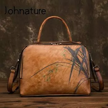 Сумки Johnature из натуральной кожи в стиле ретро с цветочным принтом, женские сумки для отдыха, сумки из воловьей кожи ручной работы на молнии, сумки через плечо и через плечо чёрный