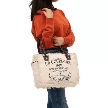 Сумки LA COUSPAUDE Ручная сумка из переработанного холста и большая сумка из воловьей кожи Сумка из блестящего переработанного холста и воловьей кожи для женщин 13 x 5 x 9 in белый