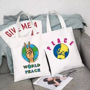 Сумки «Мир и любовь» в стиле Харадзюку, сумки на плечо, вместительные многоразовые повседневные сумки для покупок для девочек, женские элегантные холщовые сумки 24*26cm