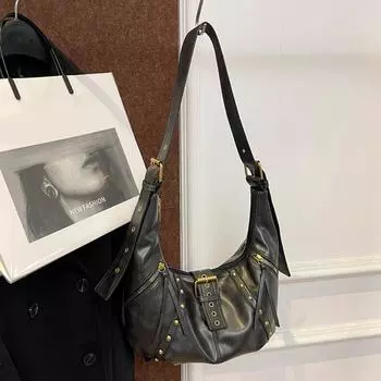 Сумки на плечо из искусственной ПУ кожи в стиле ретро, американском стиле, с заклепками и пряжкой, сумка кроссбоди, модный дизайн, корейский стиль, в стиле локомотив, подмышечная 39x10x30cm чёрный