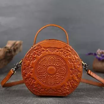 Сумки на плечо из натуральной кожи с тотемным тиснением для женщин, винтажные дизайнерские сумки, брендовая сумка через плечо, модные круглые сумки 18.5*18*9cm кофейный