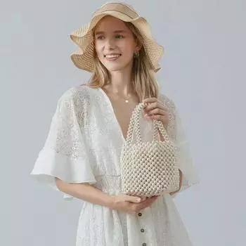 Сумки ручной работы из-за рубежа: Европейский и американский нишевый дизайн, сумки из деревянных бусин, женские сумки, сумки-ведра для мам 14.5*14.5*14.5 cm слоновая кость