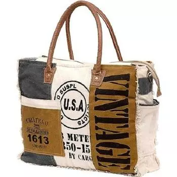 Сумки SEL de MER Переработанная большая сумка через плечо из переработанного холста и большая сумка из воловьей кожи, женская сумка-сумка из переработанного холста и воловьей кожи 17 x 13 x 5 in
