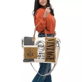 Сумки SEL de MER Переработанная большая сумка через плечо из переработанного холста и большая сумка из воловьей кожи, женская сумка-сумка из переработанного холста и воловьей кожи 17 x 5 x 13 in