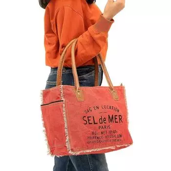 Сумки Sel De Mer Ручная сумка из переработанного холста Большая сумка из переработанного холста и воловьей кожи Сияющая кожаная сумка из переработанного холста 13 x 5 x 10 in красный