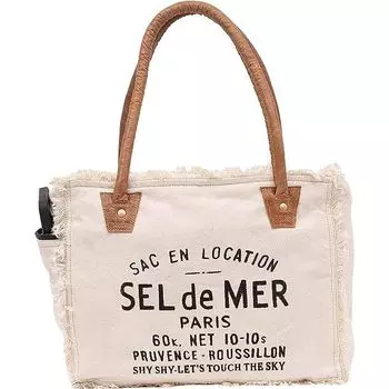 Сумки Sel De Mer Ручная сумка из переработанного холста Большая сумка из переработанного холста и воловьей кожи Сияющая кожаная сумка из переработанного холста 13 x 5 x 10 in белый/коричневый