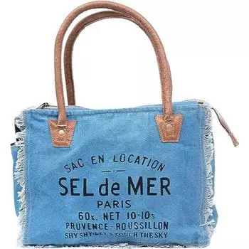 Сумки Sel De Mer Ручная сумка из переработанного холста Большая сумка из переработанного холста и воловьей кожи Сияющая кожаная сумка из переработанного холста 13 x 5 x 10 in синий