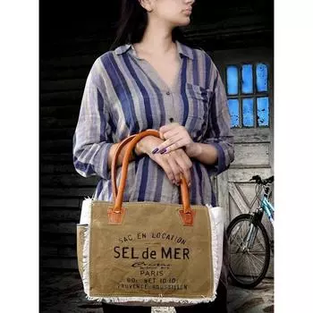 Сумки Sel De Mer Ручная сумка из переработанного холста Сумка-тоут из переработанного холста и воловьей кожи, 13 x 10 x 5 in