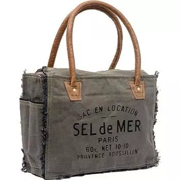 Сумки Sel De Mer Ручная сумка из переработанного холста Большая сумка из переработанного холста и воловьей кожи Сияющая кожаная сумка из переработанного холста 10 x 13 x 5 in оливковое зеленый