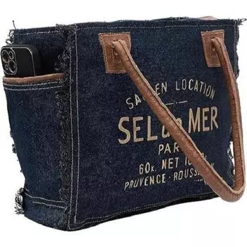 Сумки Sel De Mer Ручная сумка из переработанного холста Большая сумка из переработанного холста и воловьей кожи Сияющая кожаная сумка из переработанного холста 10 x 13 x 5 in джинсовый синий