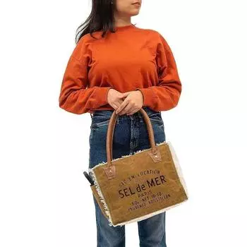 Сумки Sel De Mer Ручная сумка из переработанного холста Большая сумка из переработанного холста и воловьей кожи Сияющая кожаная сумка из переработанного холста 10 x 13 x 5 in хаки