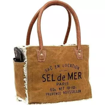 Сумки Sel De Mer Ручная сумка из переработанного холста Большая сумка из переработанного холста и воловьей кожи Сияющая кожаная сумка из переработанного холста 10 x 13 x 5 in