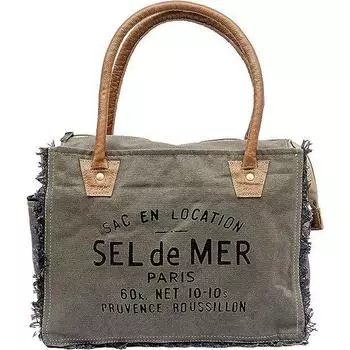 Сумки Sel De Mer Ручная сумка из переработанного холста Большая сумка из переработанного холста и воловьей кожи Сияющая кожаная сумка из переработанного холста 10 x 13 x 5 in оливковое зеленый