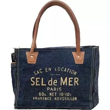 Сумки Sel De Mer Ручная сумка из переработанного холста Большая сумка из переработанного холста и воловьей кожи Сияющая кожаная сумка из переработанного холста 10 x 13 x 5 in джинсовый синий