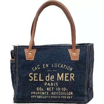 Сумки Sel De Mer Ручная сумка из переработанного холста Большая сумка из переработанного холста и воловьей кожи Сияющая кожаная сумка из переработанного холста 13 x 5 x 10 in джинсовый синий