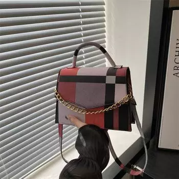 Сумки Сращивание цепи Маленькая квадратная сумка женская осенняя простота универсальный нишевый дизайн портативная сумка-мессенджер красный