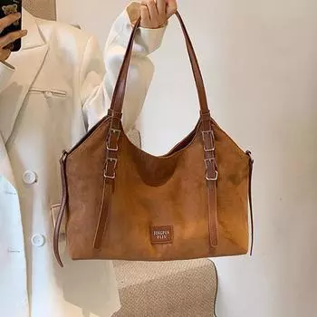 Сумки-тоуты из замши для женщин, большая вместимость, повседневные, универсальные, сумки через плечо с буквенным принтом, осень-зима, винтажные, простые, для шопинга (30cm<Max Length<50cm)