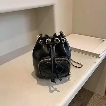 Сумки-ведра из искусственной кожи с цепочкой на плечо, женские сумки, однотонные сумки на молнии через плечо чёрный