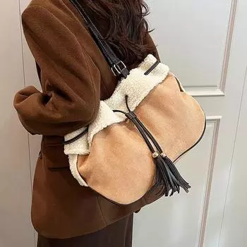 Сумки-ведра из замши, женская сумка через плечо для женщин, зимняя новая тенденция 2024 года, небольшие дизайнерские плюшевые сумки на шнурке с кошельками хаки