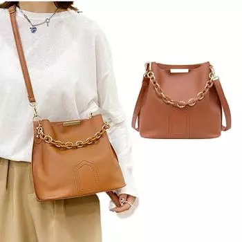 Сумки-ведра, сумка на плечо для женщин и девочек, однотонная сумка через плечо, большая вместимость, модная кожаная сумка-тоут коричневый