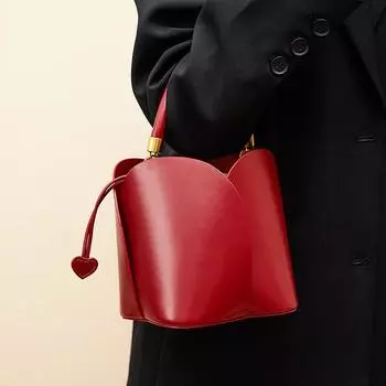 Сумки-ведра женские кожаные красные сумки с застежкой-шнурком в форме лепестка маленькая свадебная сумка невесты красный