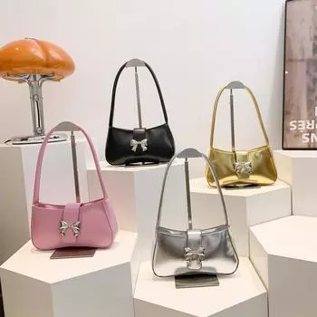 Сумки Женская сумка Модная маленькая квадратная сумка Текстура ПУ сумка через плечо Нишевая сумка с бантом подмышкой серебряный