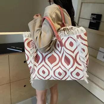 Сумки женские наплечные с узором из холста большой емкости с внутренним карманом на молнии, новые модные сумки высокого качества с кисточками