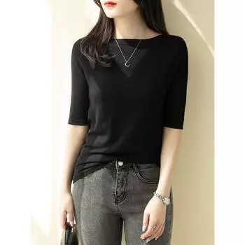 Summer 2023 New Arrival off-Neck Mid-Sleeve Sweater T-Shirt Women s Clothing Silm Black Half Sleeve Base Tops Thin Black XL