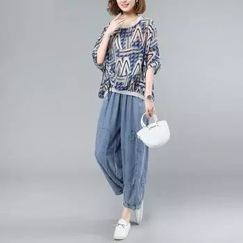Summer 2023 Stylish Loose Fit Two-Piece Suit for Middle-Aged Women - Short-Sleeve Top & Pants Set M