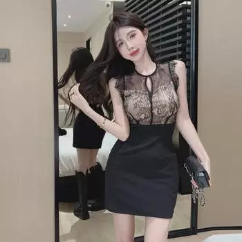 Summer 2023 Women s High Waist Lace Splice Dress Large чёрный