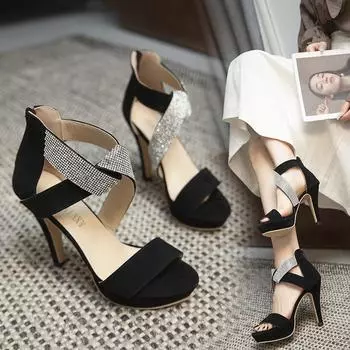 Лето 2024 года, новые европейские и N Diamond водонепроницаемые босоножки на платформе с высоким каблуком, женские босоножки на тонком каблуке большого размера из импортной торговли 35 чёрный