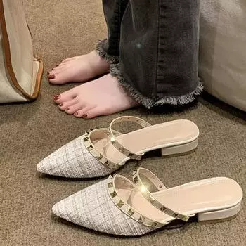 Summer 2024 new fashion studded mid-heel chunky heel French overtop sandals high heels women shoes pumps 35