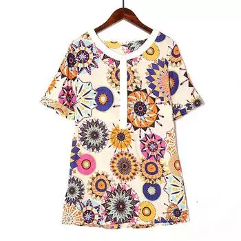 Summer 2024 New Middle-Aged Ladieswear round Neck Fashion Western Style Printed Pullover Single-Breasted Tops Short-Sleeved Shirt Big Flower S